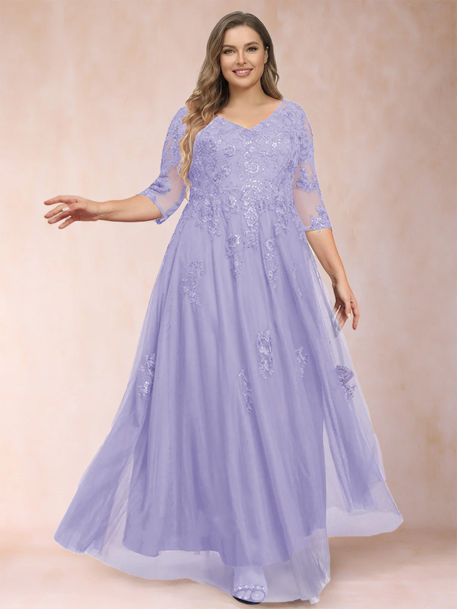 A-Line/Princess V-Neck 3/4 Sleeves Plus Size Mother of the Bride Dresses with Appliques & Sequins - Image 14