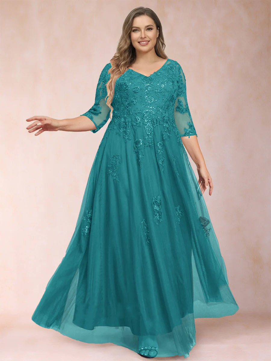 A-Line/Princess V-Neck 3/4 Sleeves Plus Size Mother of the Bride Dresses with Appliques & Sequins - Image 18