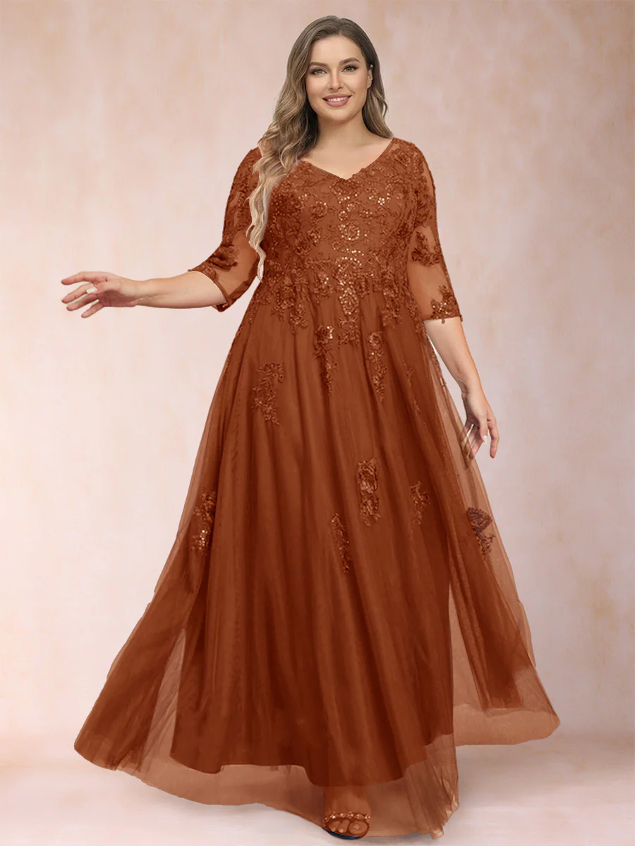 A-Line/Princess V-Neck 3/4 Sleeves Plus Size Mother of the Bride Dresses with Appliques & Sequins - Image 20