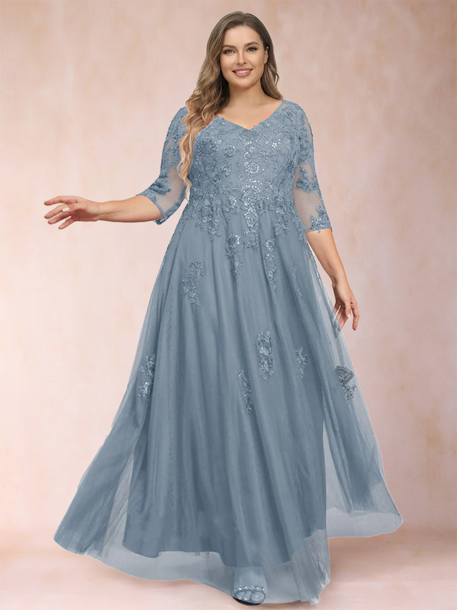 A-Line/Princess V-Neck 3/4 Sleeves Plus Size Mother of the Bride Dresses with Appliques & Sequins - Image 25