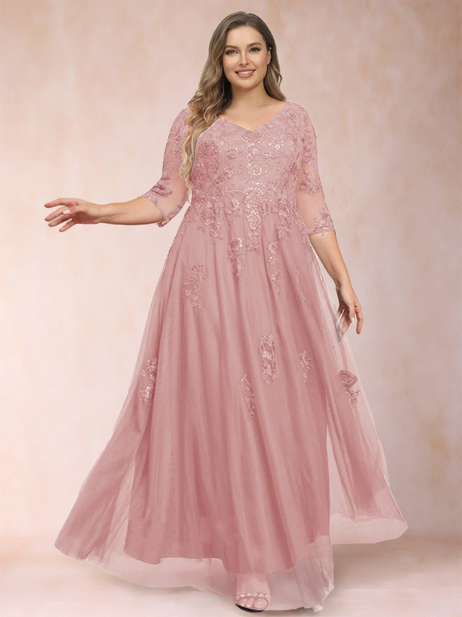 A-Line/Princess V-Neck 3/4 Sleeves Plus Size Mother of the Bride Dresses with Appliques & Sequins - Image 27