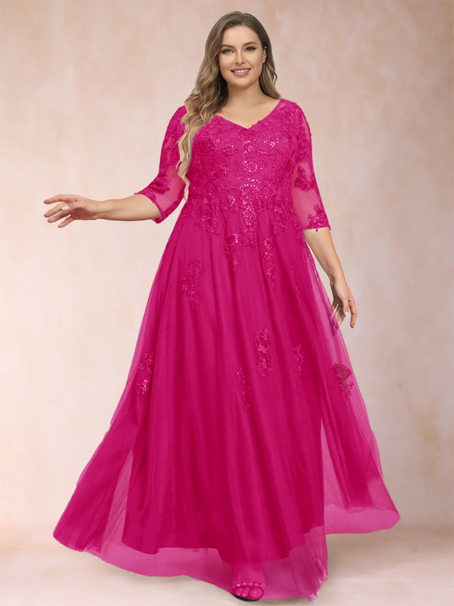 A-Line/Princess V-Neck 3/4 Sleeves Plus Size Mother of the Bride Dresses with Appliques & Sequins - Image 32