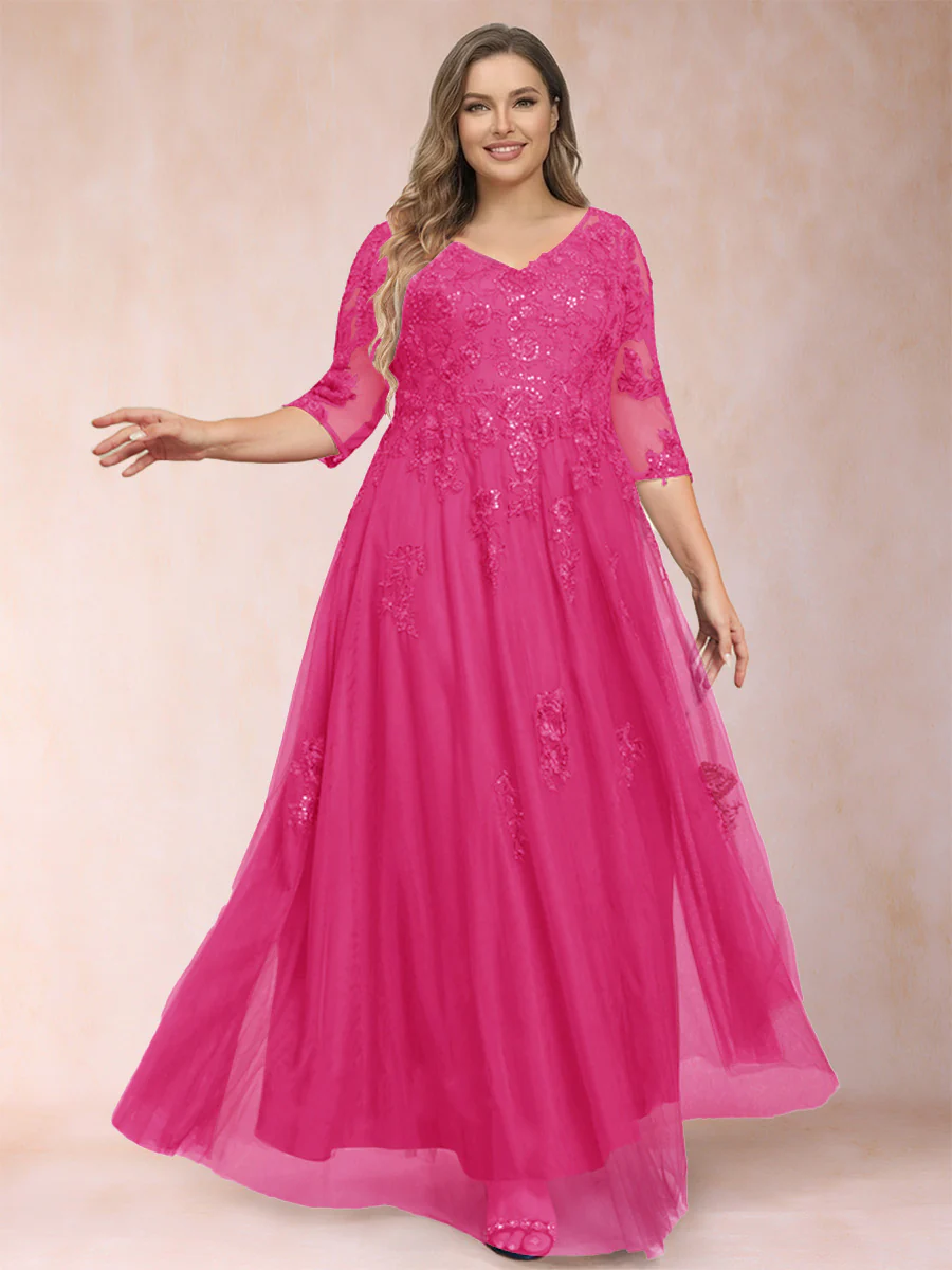 A-Line/Princess V-Neck 3/4 Sleeves Plus Size Mother of the Bride Dresses with Appliques & Sequins - Image 36