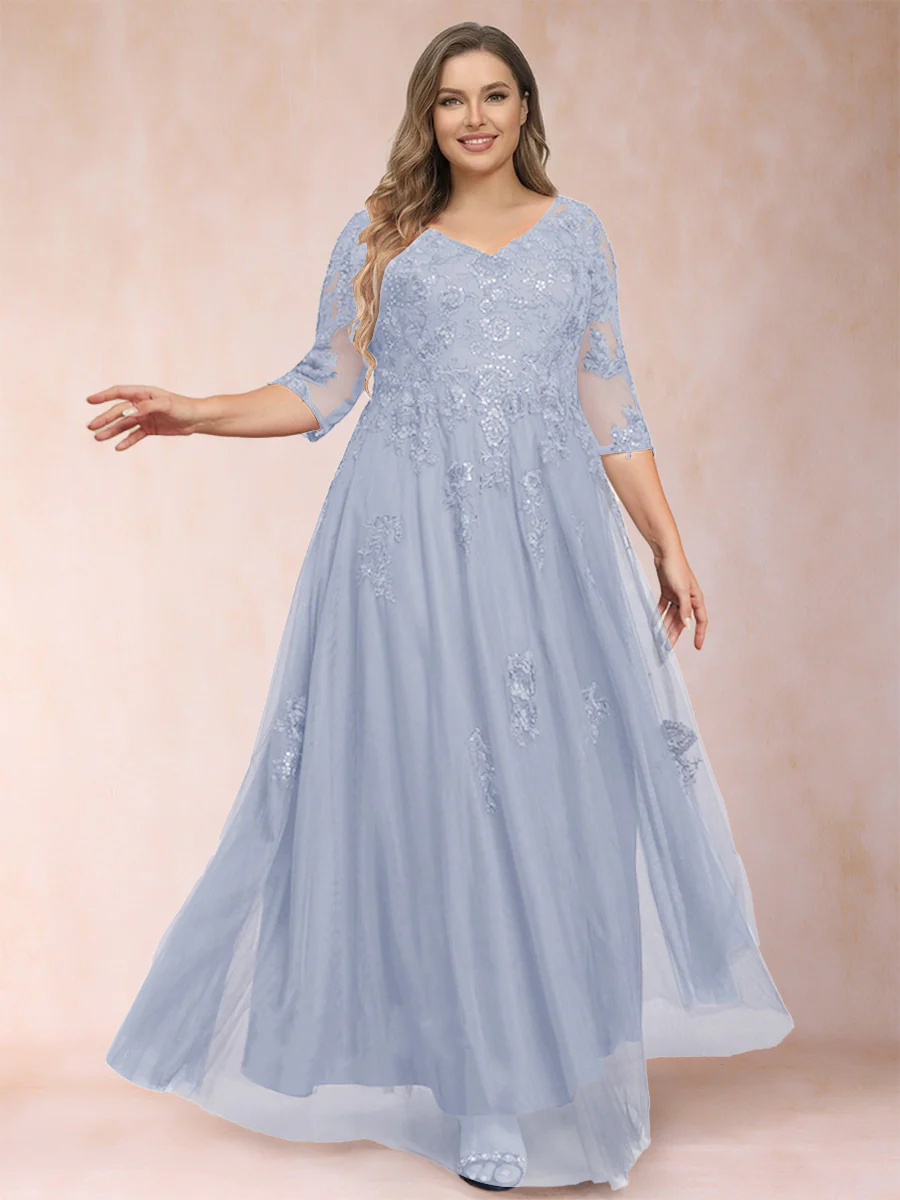 A-Line/Princess V-Neck 3/4 Sleeves Plus Size Mother of the Bride Dresses with Appliques & Sequins - Image 37