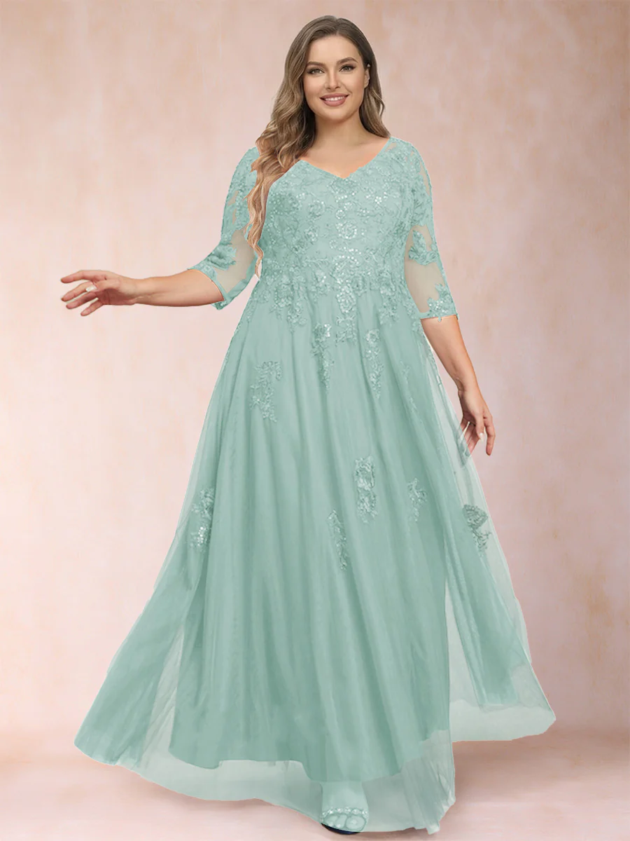 A-Line/Princess V-Neck 3/4 Sleeves Plus Size Mother of the Bride Dresses with Appliques & Sequins - Image 45