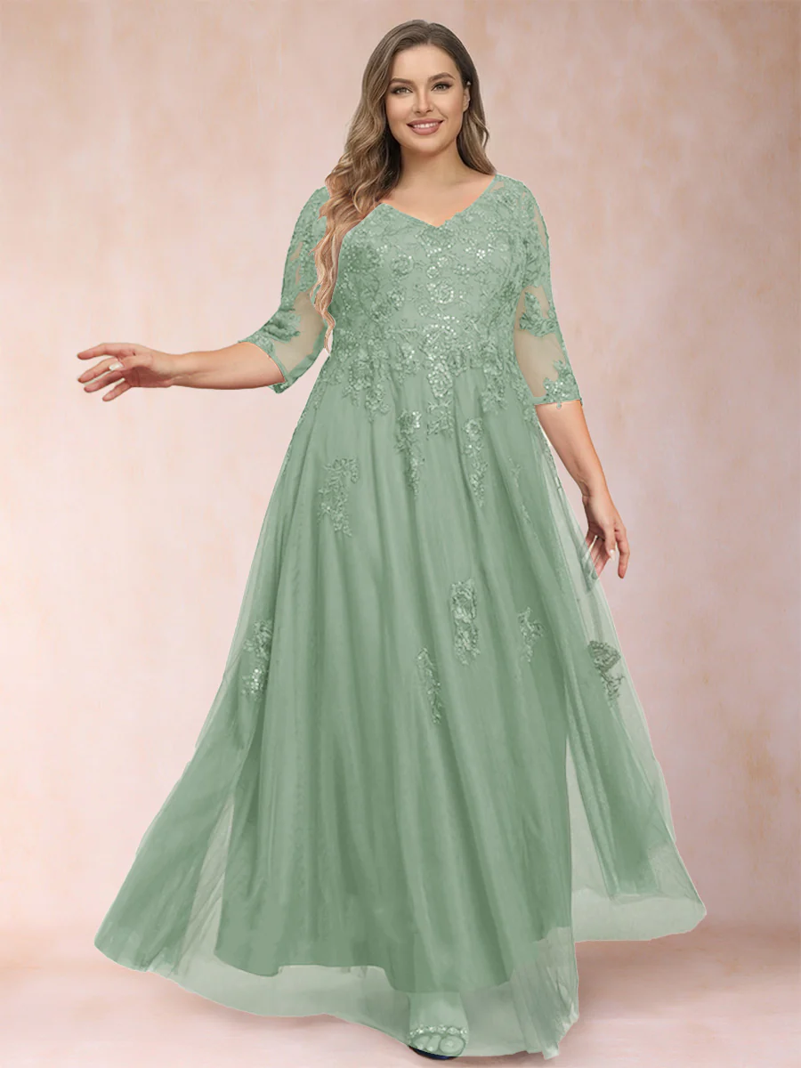 A-Line/Princess V-Neck 3/4 Sleeves Plus Size Mother of the Bride Dresses with Appliques & Sequins - Image 62