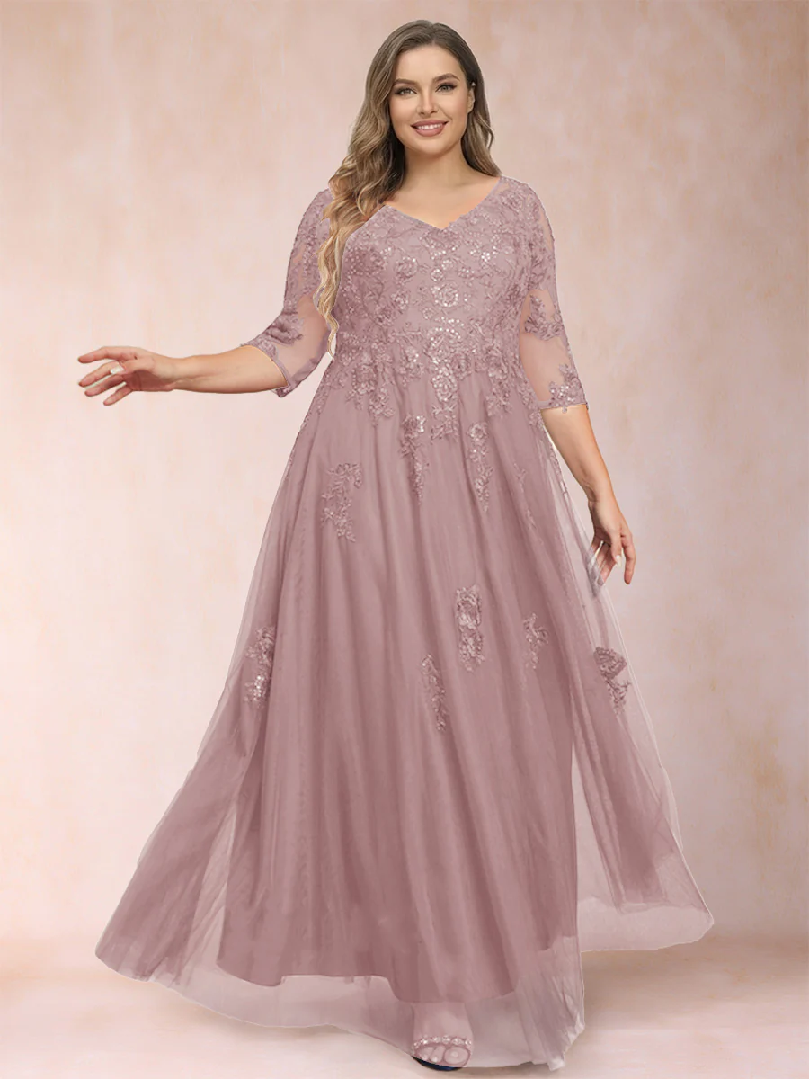 A-Line/Princess V-Neck 3/4 Sleeves Plus Size Mother of the Bride Dresses with Appliques & Sequins - Image 9