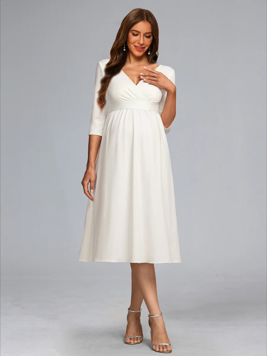 A-Line/Princess V-Neck 3/4 Sleeves Tea-Length Baby Shower Wedding Dresses with Bowknot