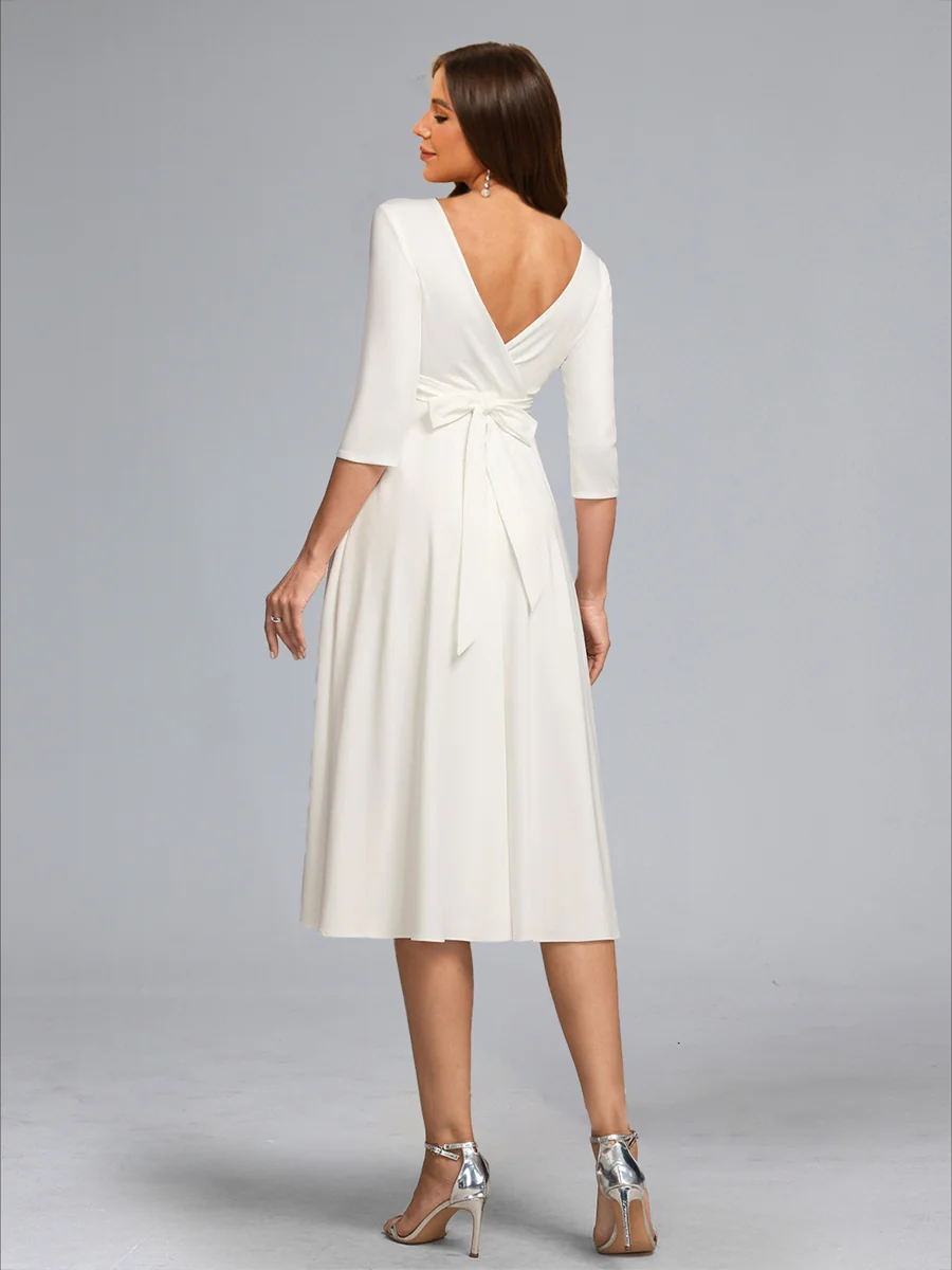 A-Line/Princess V-Neck 3/4 Sleeves Tea-Length Baby Shower Wedding Dresses with Bowknot - Image 2