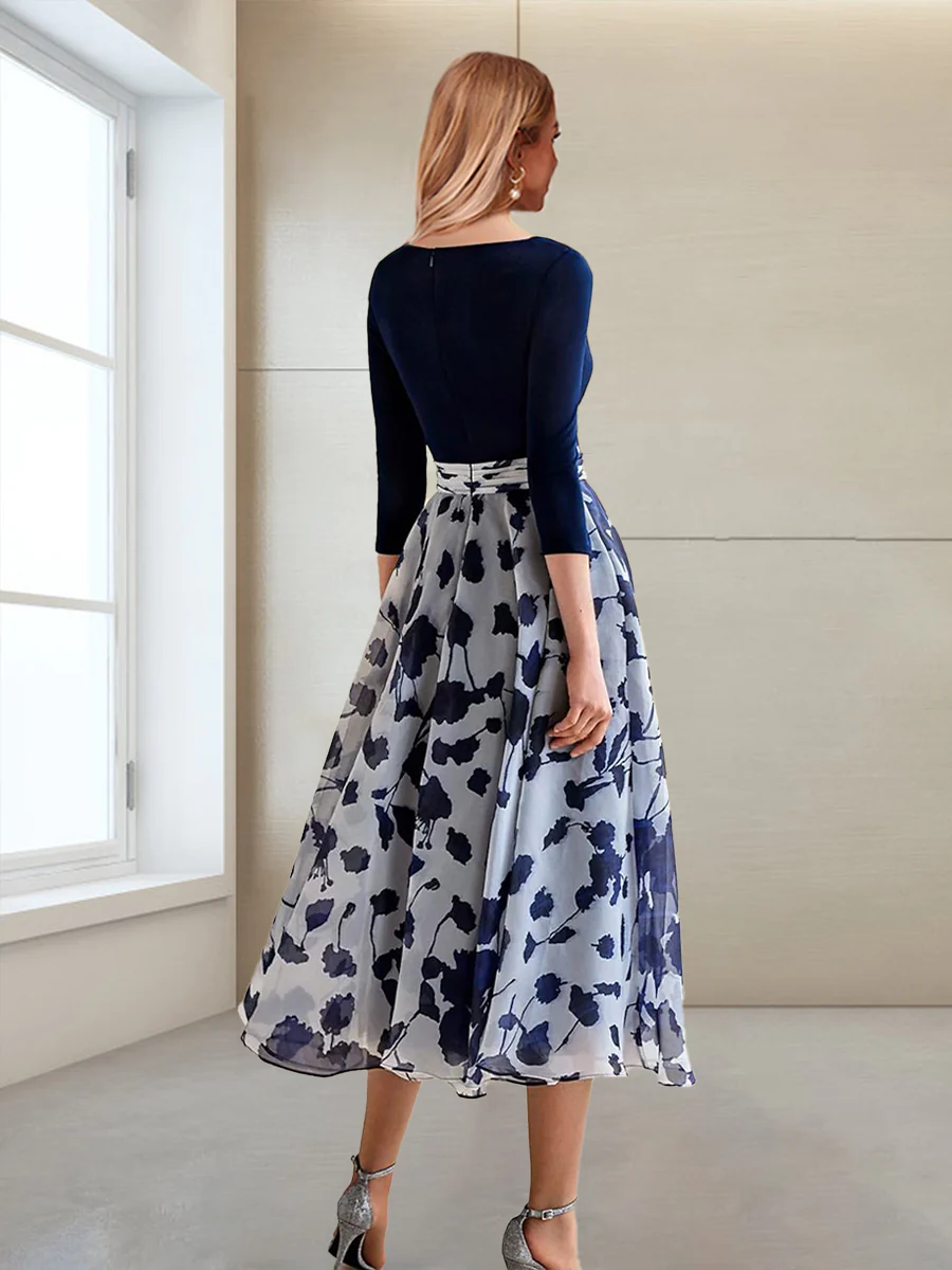 A-Line/Princess V-Neck 3/4 Sleeves Tea-Length Printed Floral Mother of the Bride Dresses - Image 2