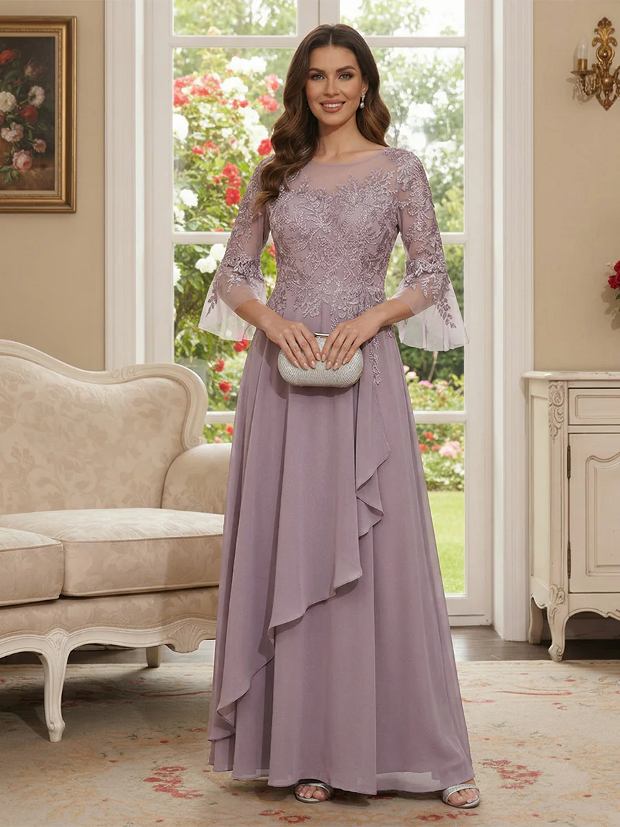A-Line/Princess V-Neck 3/4 Sleeves Floor-Length Mother of the Bride Dresses with Lace & Applique