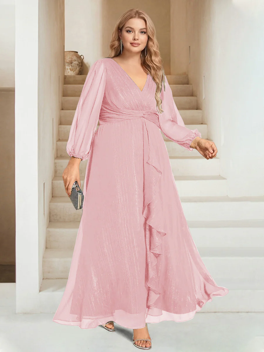 A-Line/Princess V-Neck Ankle-Length Long Sleeves Plus Size Bridesmaid Dresses - Image 14