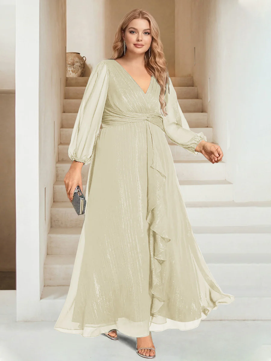 A-Line/Princess V-Neck Ankle-Length Long Sleeves Plus Size Bridesmaid Dresses - Image 5