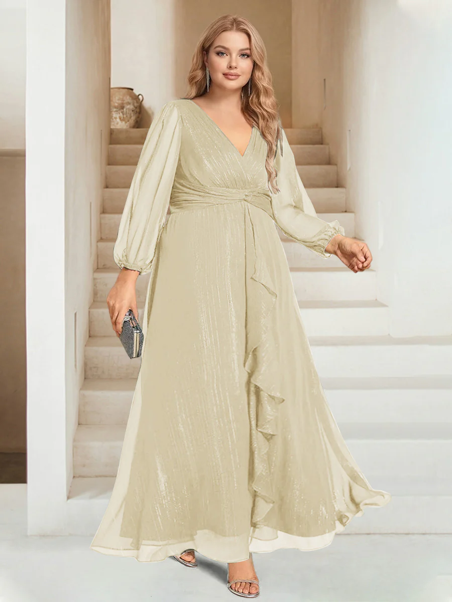 A-Line/Princess V-Neck Ankle-Length Long Sleeves Plus Size Bridesmaid Dresses - Image 8