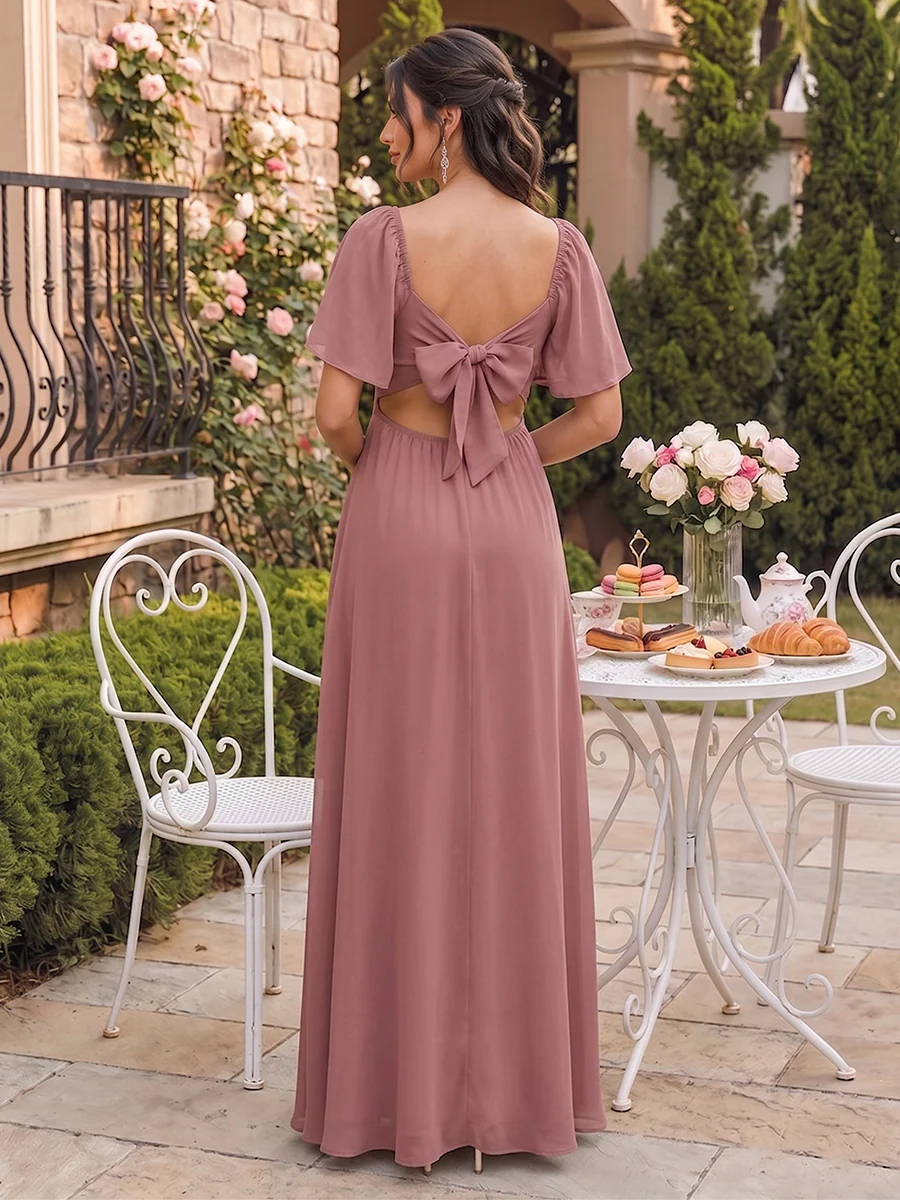 A-Line/Princess V-Neck Ankle-Length Short Sleeves Chiffon Baby Shower Wedding Guest Dresses with Bowknot - Image 2