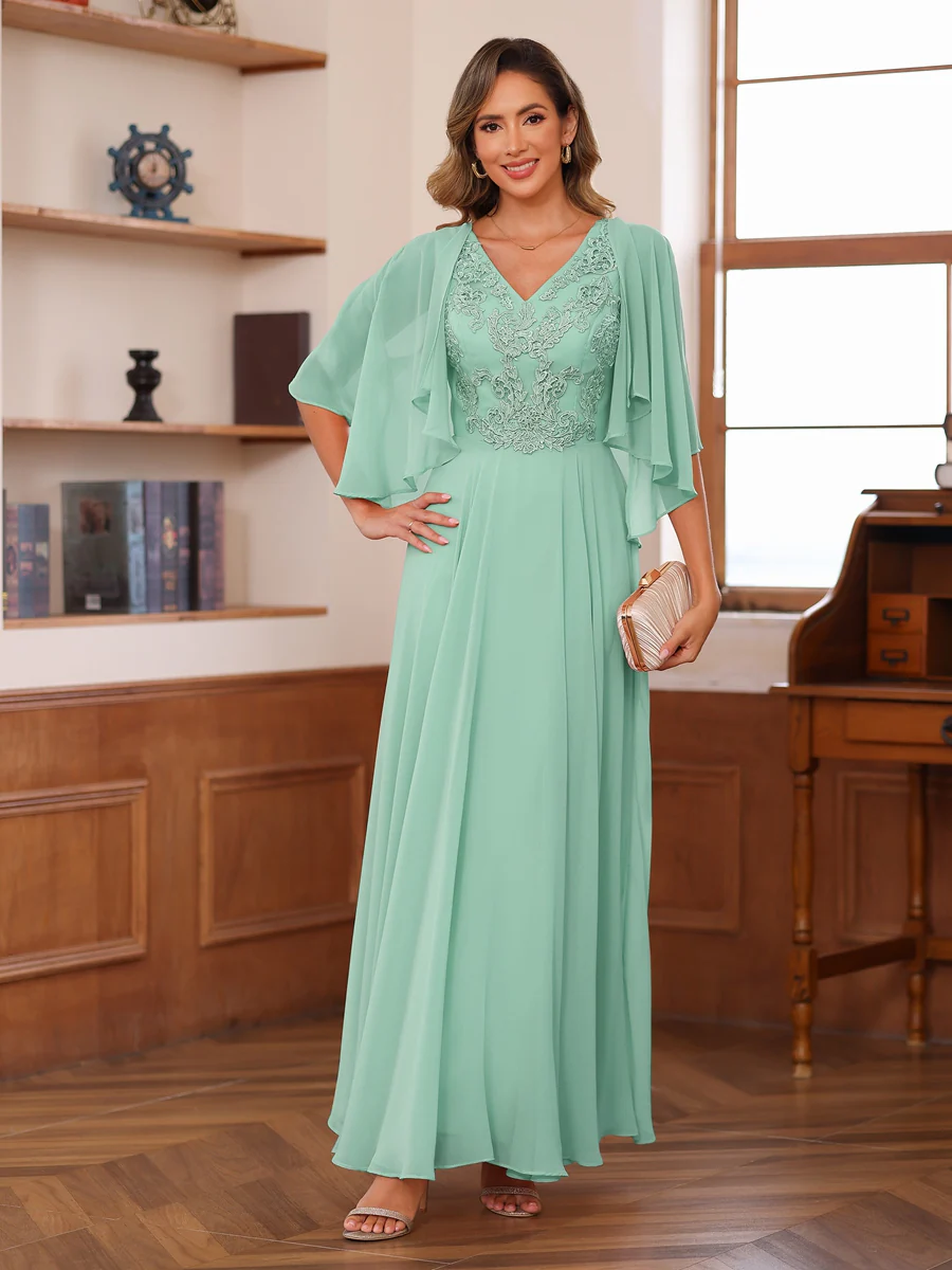A-Line/Princess V-Neck Appliques Chiffon Mother of the Bride Dresses with Jacket - Image 47