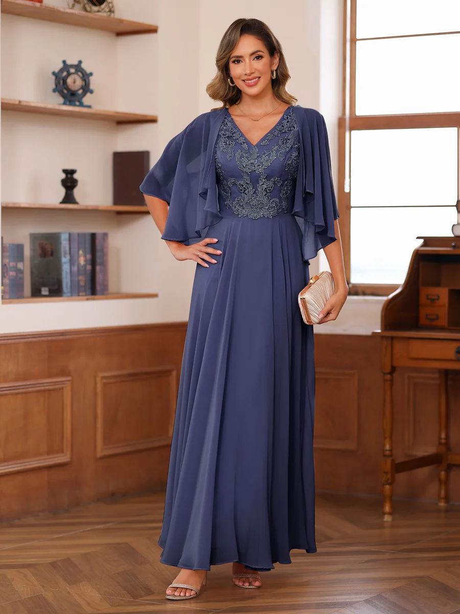 A-Line/Princess V-Neck Appliques Chiffon Mother of the Bride Dresses with Jacket - Image 56