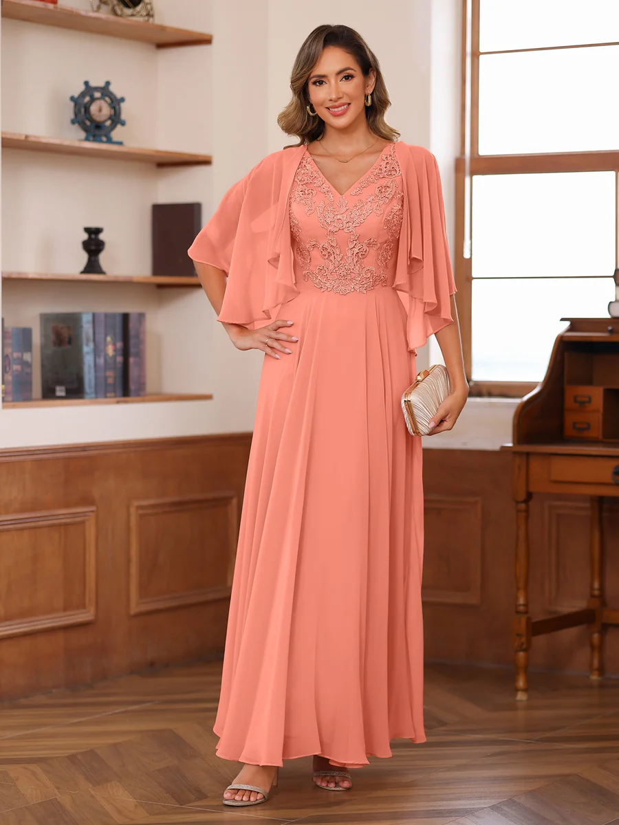 A-Line/Princess V-Neck Appliques Chiffon Mother of the Bride Dresses with Jacket - Image 70