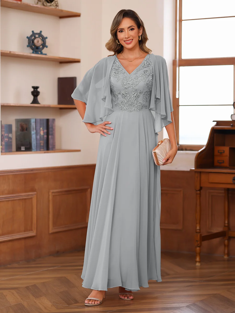 A-Line/Princess V-Neck Appliques Chiffon Mother of the Bride Dresses with Jacket - Image 71