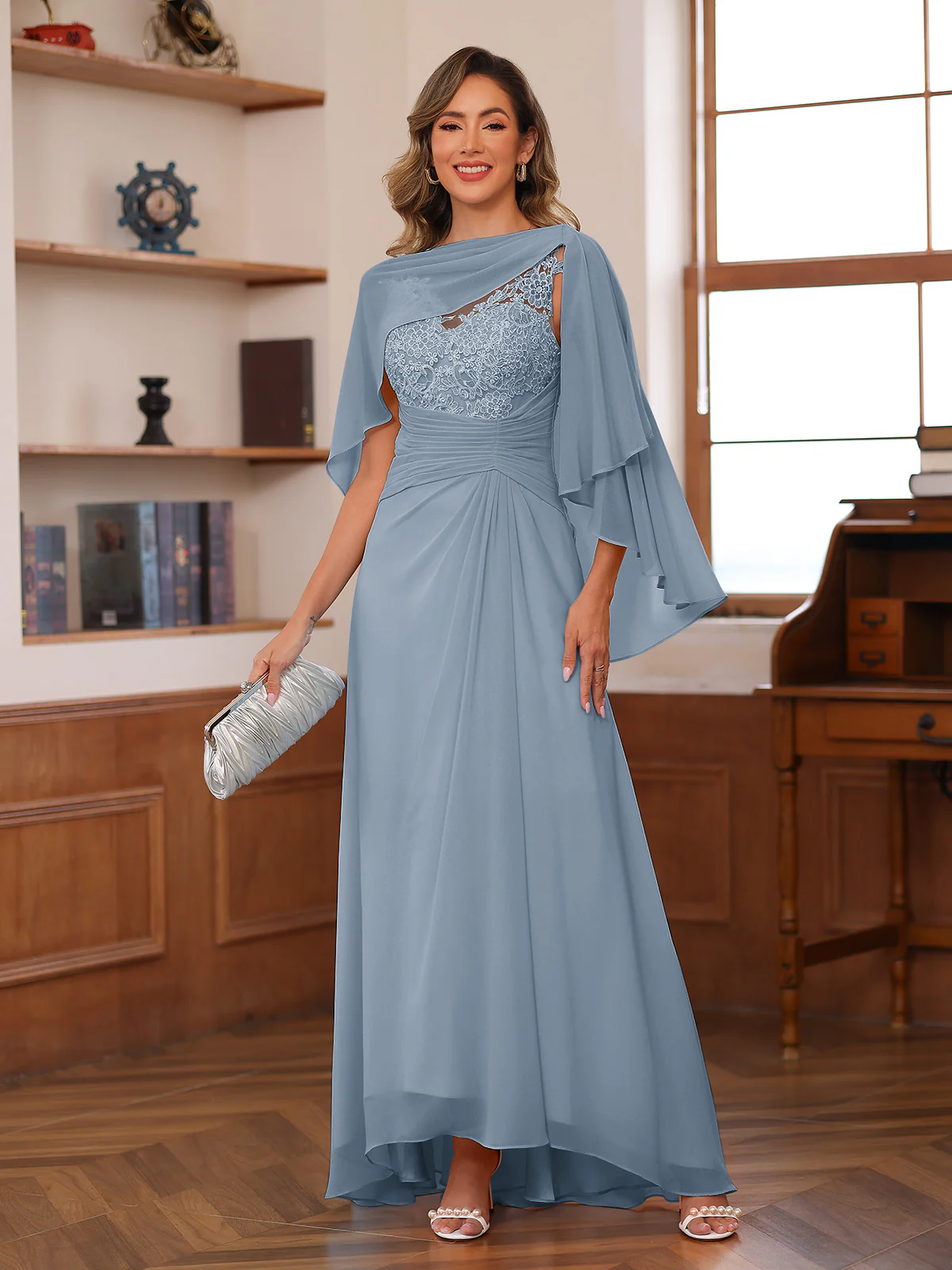 A-Line/Princess V-Neck Appliques Ruched Mother of the Bride Dresses with Cape - Image 18