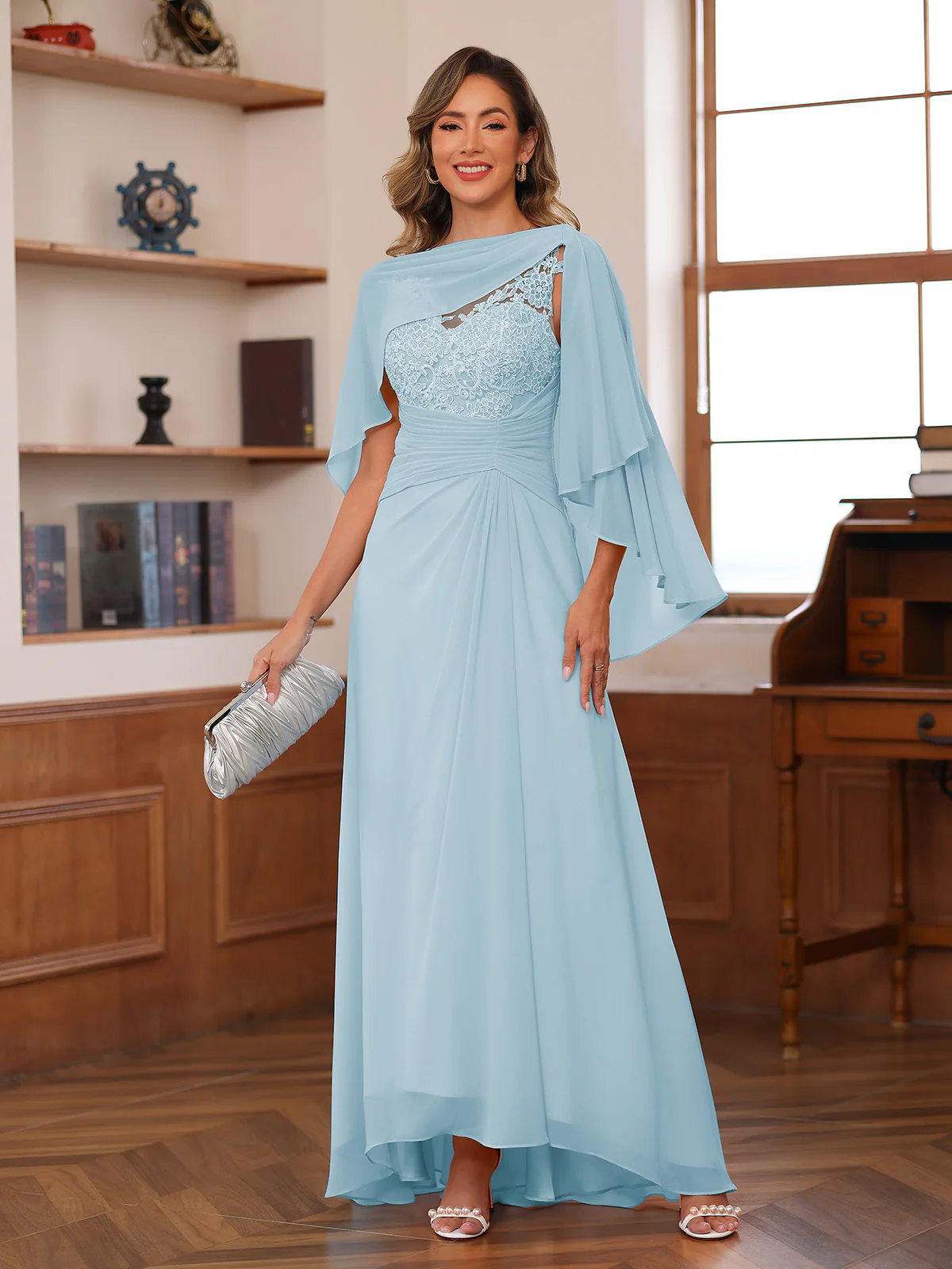 A-Line/Princess V-Neck Appliques Ruched Mother of the Bride Dresses with Cape - Image 34