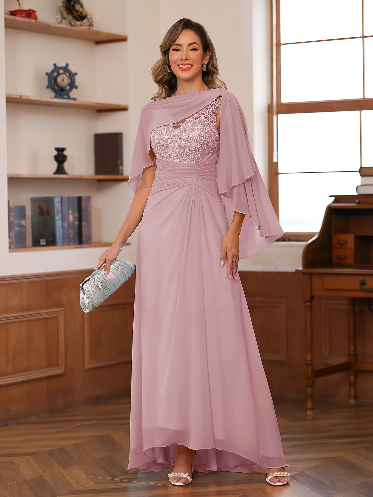 A-Line/Princess V-Neck Appliques Ruched Mother of the Bride Dresses with Cape - Image 42