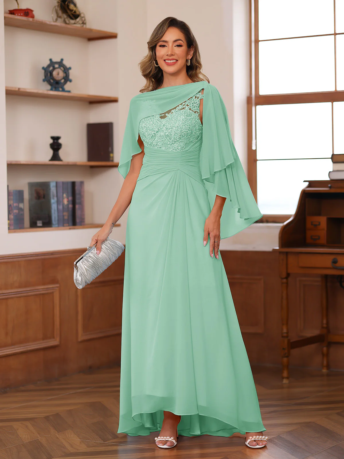 A-Line/Princess V-Neck Appliques Ruched Mother of the Bride Dresses with Cape - Image 43