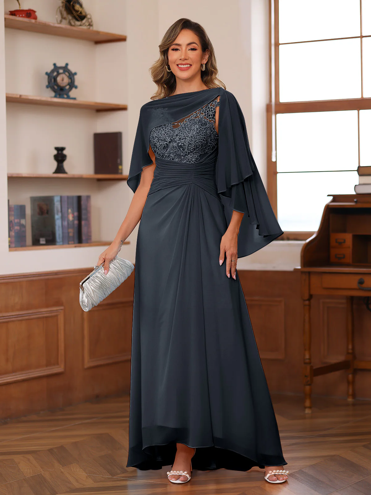 A-Line/Princess V-Neck Appliques Ruched Mother of the Bride Dresses with Cape - Image 47