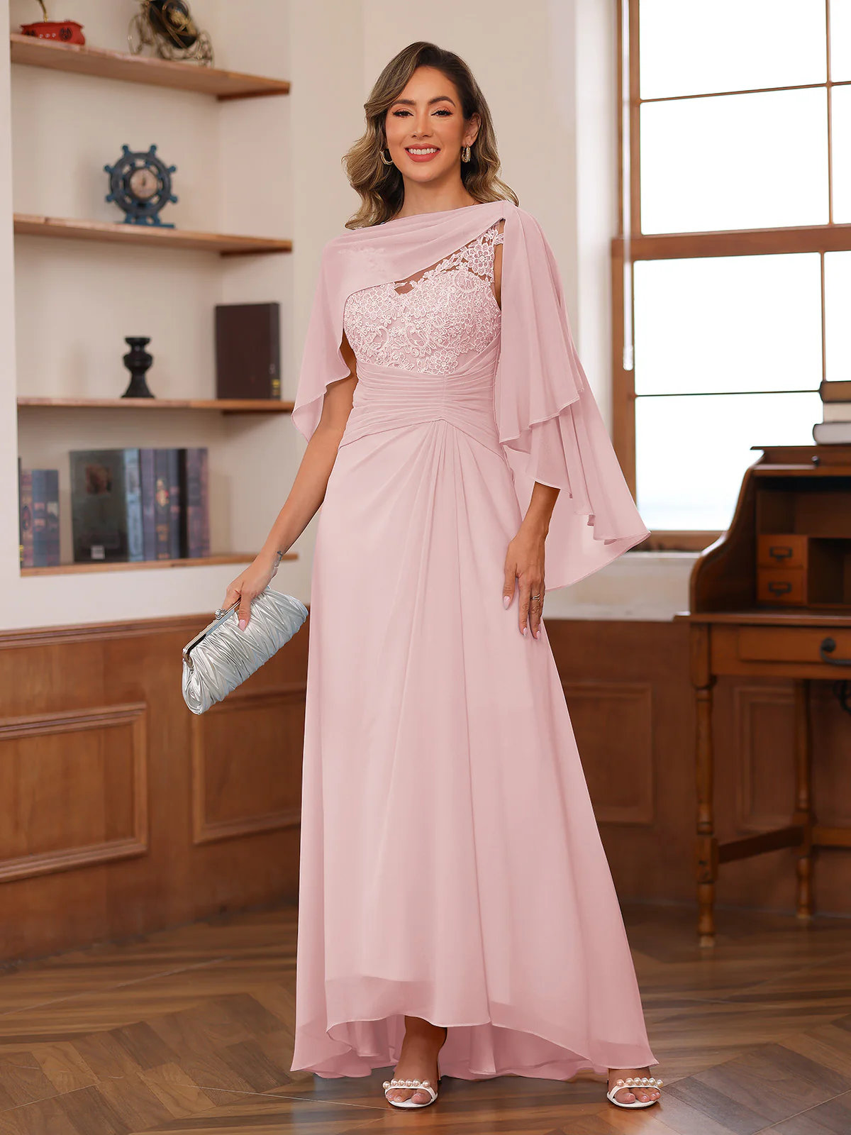 A-Line/Princess V-Neck Appliques Ruched Mother of the Bride Dresses with Cape - Image 55