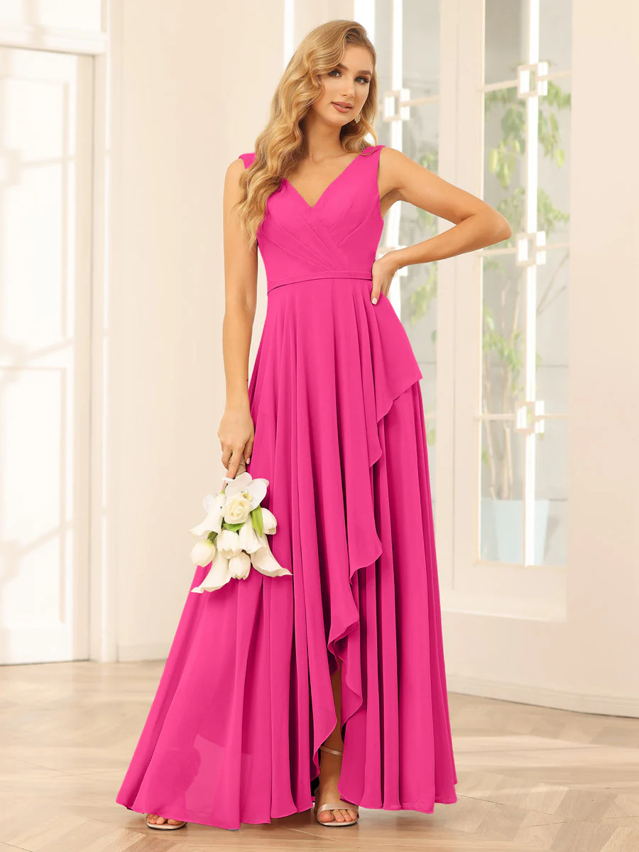 A-Line/Princess V-Neck Asymmetrical Bridesmaid Dresses with Ruffles - Image 33