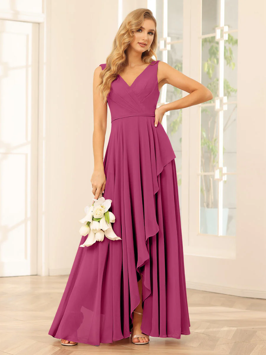 A-Line/Princess V-Neck Asymmetrical Bridesmaid Dresses with Ruffles - Image 35