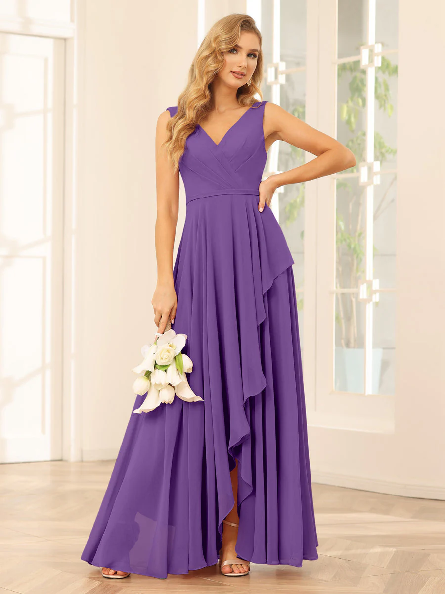 A-Line/Princess V-Neck Asymmetrical Bridesmaid Dresses with Ruffles - Image 42