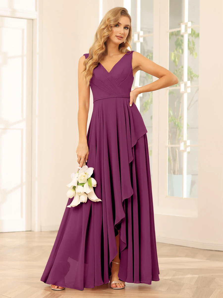 A-Line/Princess V-Neck Asymmetrical Bridesmaid Dresses with Ruffles - Image 44