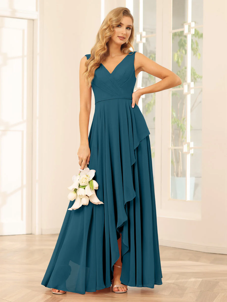 A-Line/Princess V-Neck Asymmetrical Bridesmaid Dresses with Ruffles - Image 58