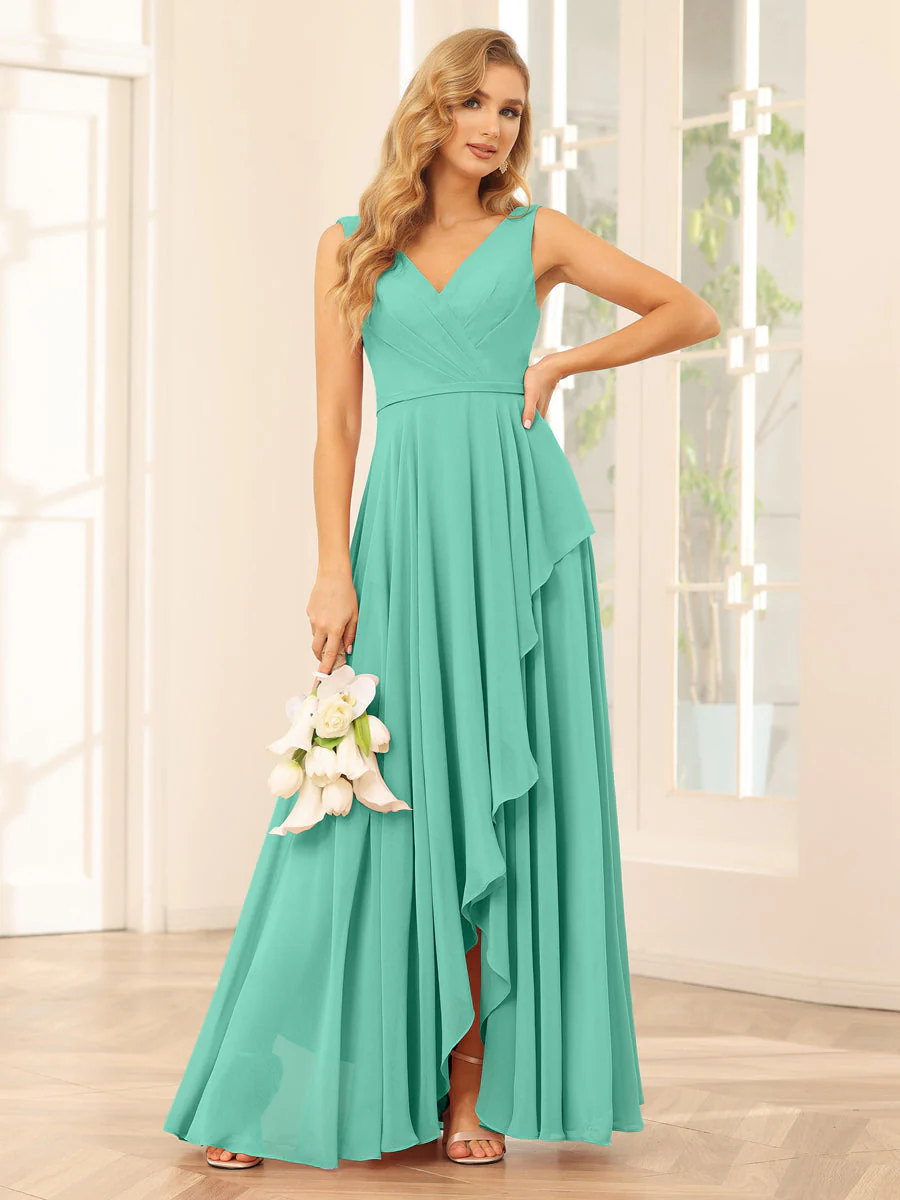 A-Line/Princess V-Neck Asymmetrical Bridesmaid Dresses with Ruffles - Image 62