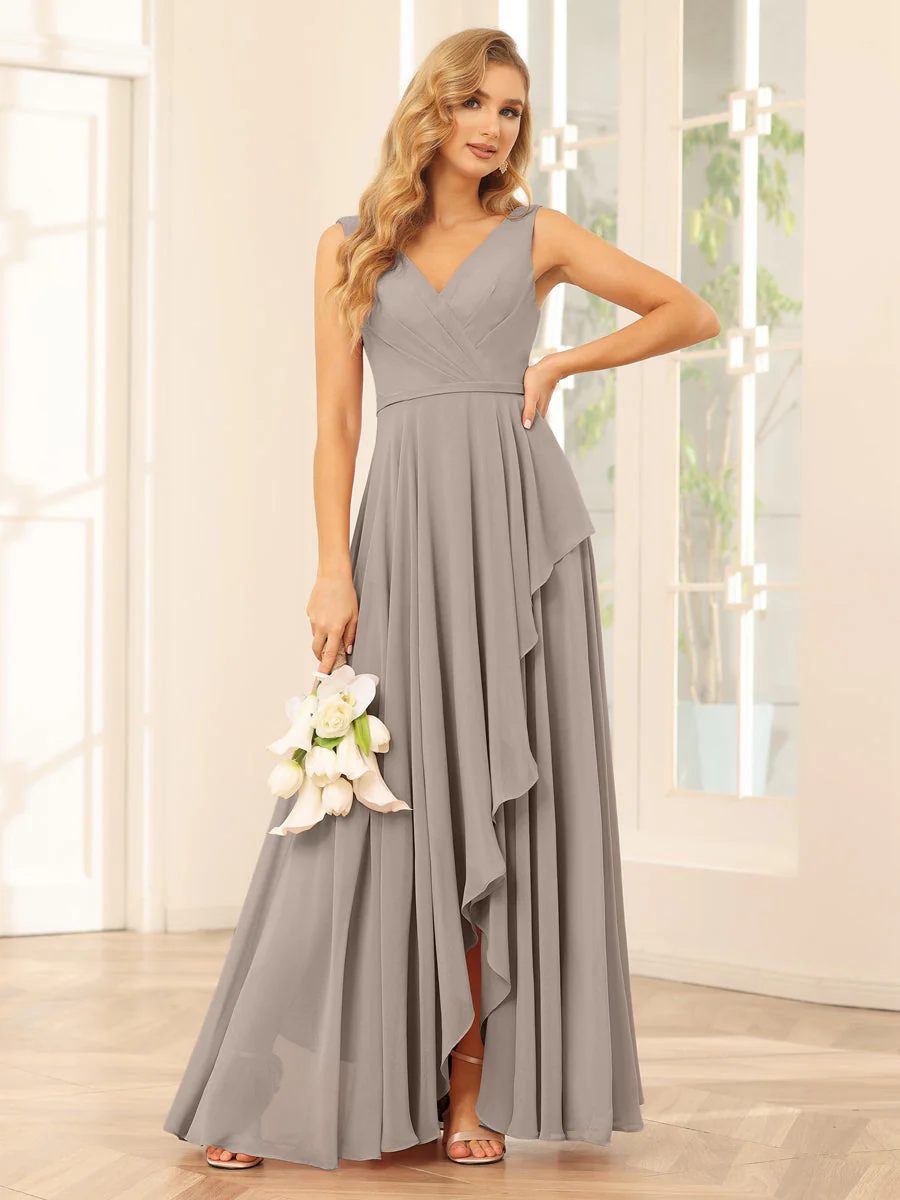 A-Line/Princess V-Neck Asymmetrical Bridesmaid Dresses with Ruffles - Image 73