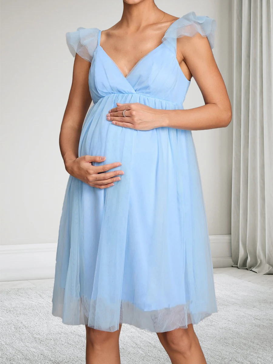 A-Line/Princess V-Neck Cap Sleeves Knee-Length Tulle Baby Shower Wedding Guest Dresses - Image 4