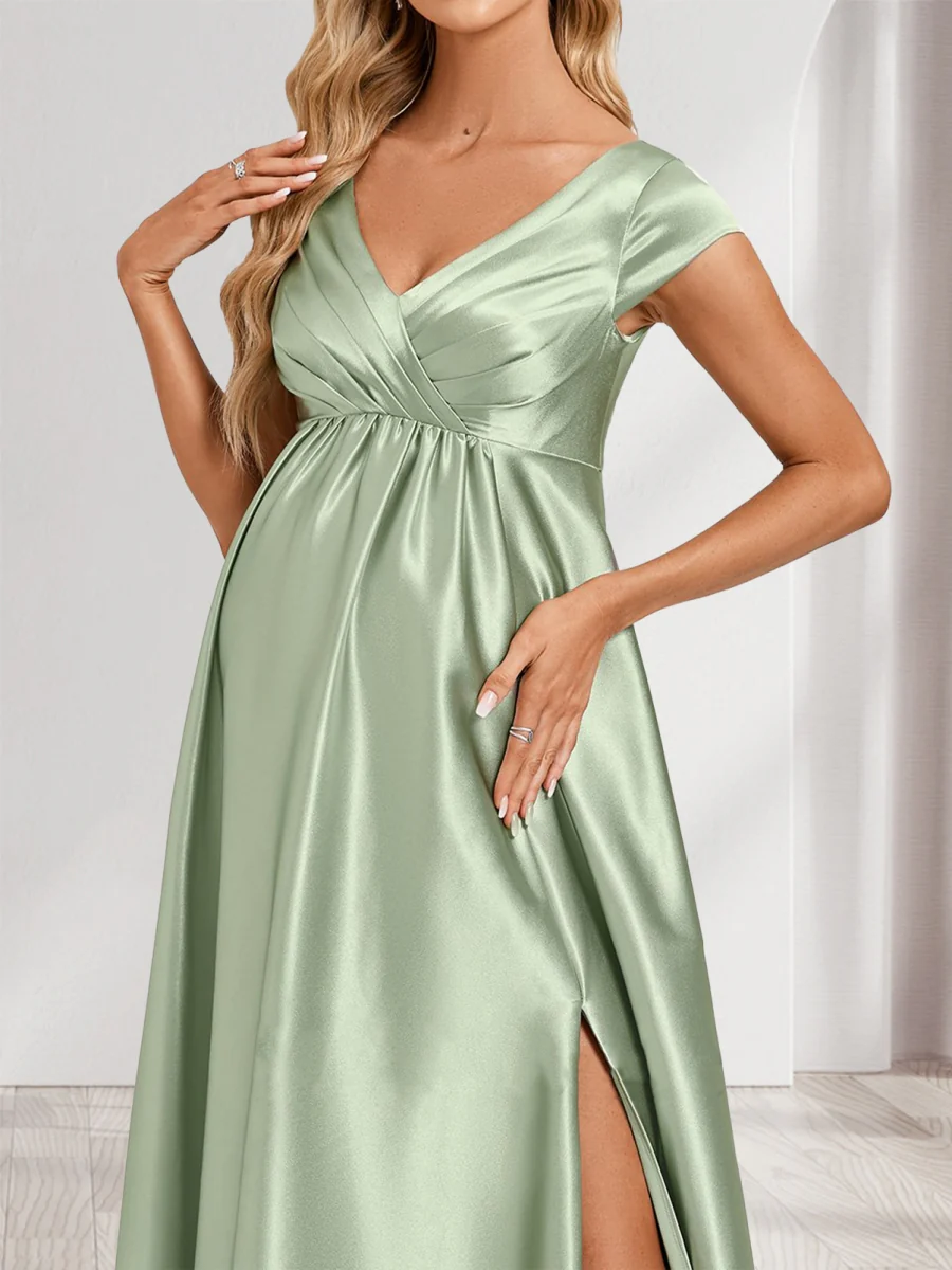 A-Line/Princess V-Neck Cap Sleeves Long Side Slit Baby Shower Bridesmaid Dresses with Pleats & Pockets - Image 4