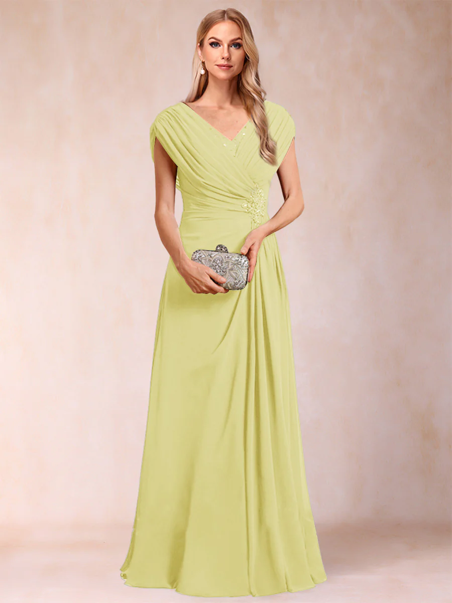 A-Line/Princess V-Neck Chiffon Ruched Mother of the Bride Dresses with Appliques & Beading - Image 14