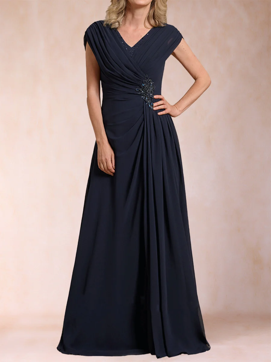 A-Line/Princess V-Neck Chiffon Ruched Mother of the Bride Dresses with Appliques & Beading - Image 3