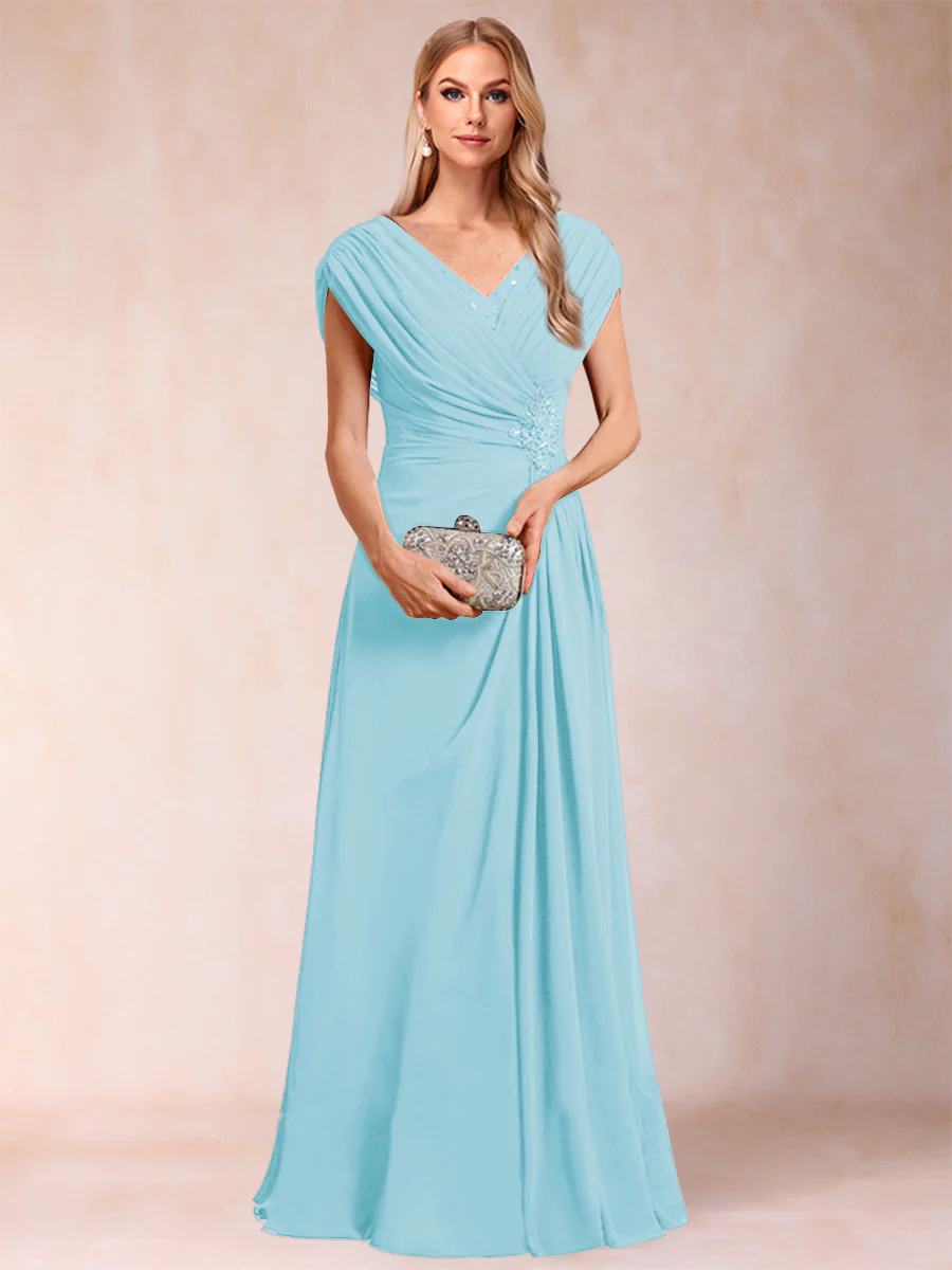 A-Line/Princess V-Neck Chiffon Ruched Mother of the Bride Dresses with Appliques & Beading - Image 41