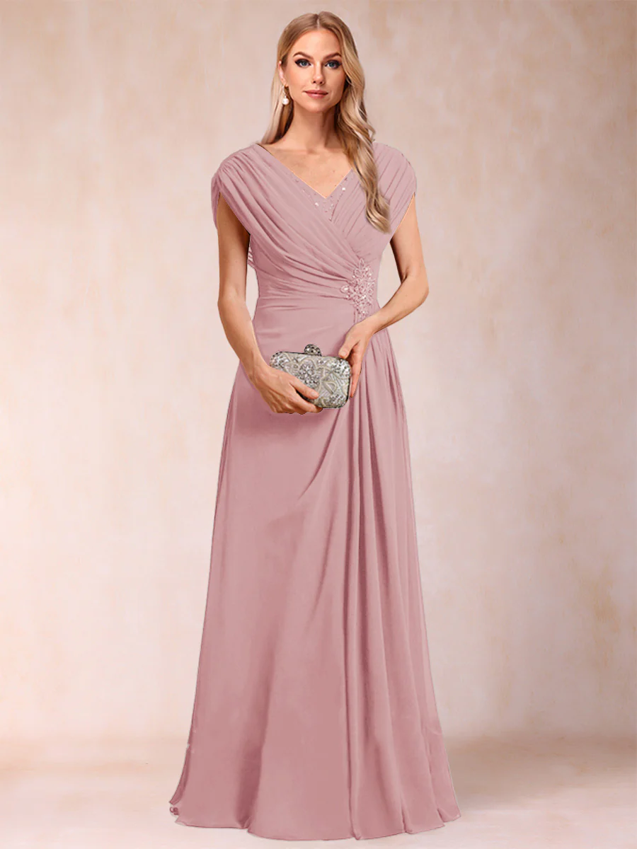 A-Line/Princess V-Neck Chiffon Ruched Mother of the Bride Dresses with Appliques & Beading - Image 43