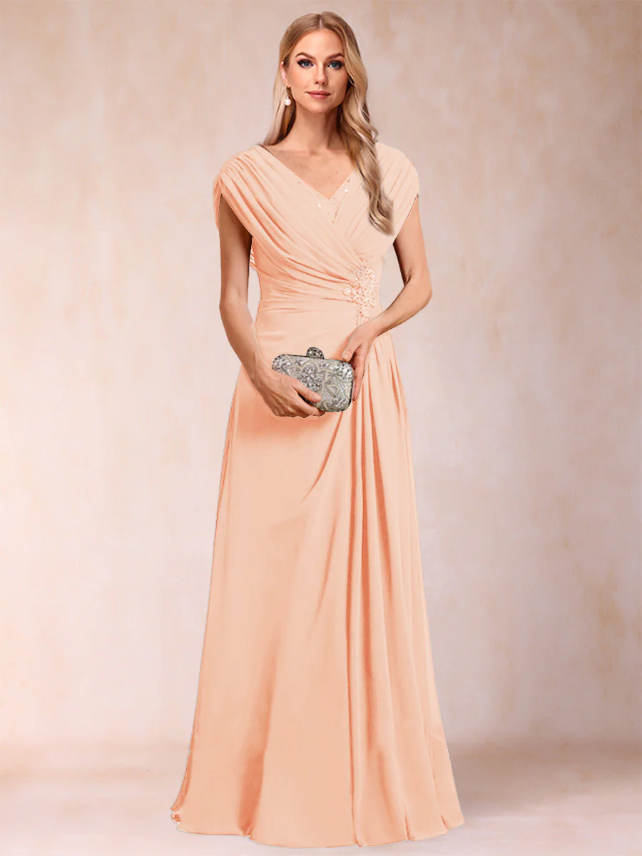 A-Line/Princess V-Neck Chiffon Ruched Mother of the Bride Dresses with Appliques & Beading - Image 53
