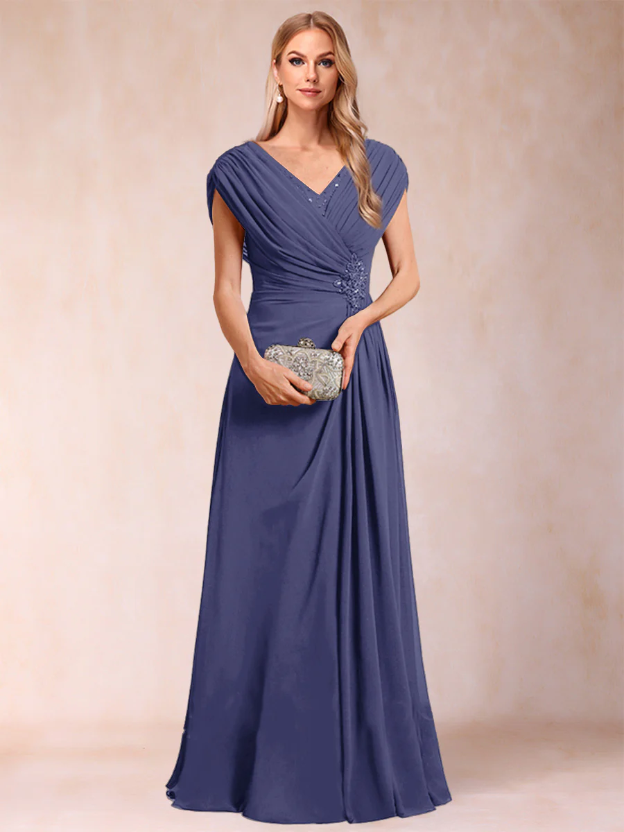 A-Line/Princess V-Neck Chiffon Ruched Mother of the Bride Dresses with Appliques & Beading - Image 69