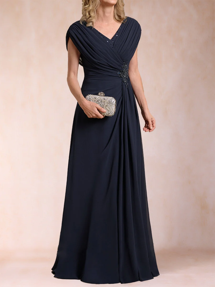 A-Line/Princess V-Neck Chiffon Ruched Mother of the Bride Dresses with Appliques & Beading - Image 7