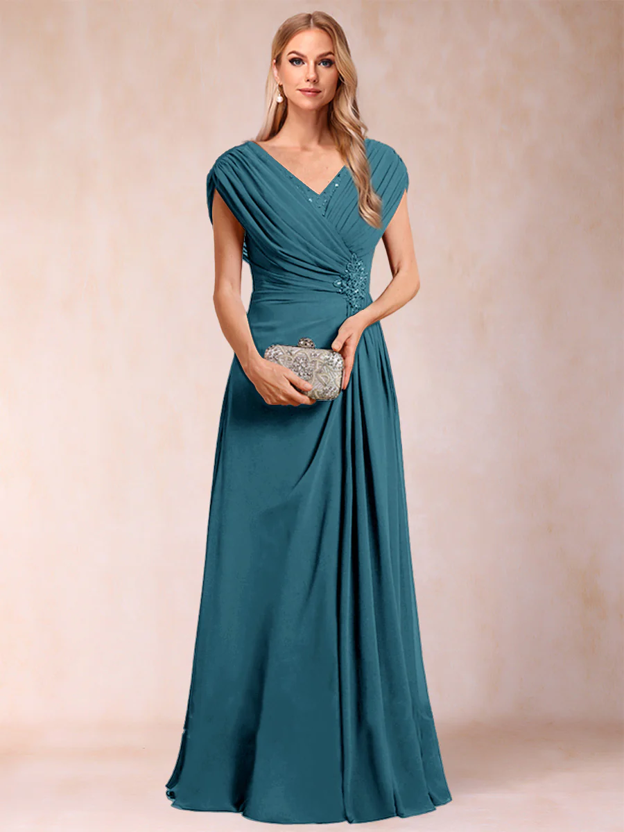 A-Line/Princess V-Neck Chiffon Ruched Mother of the Bride Dresses with Appliques & Beading - Image 71