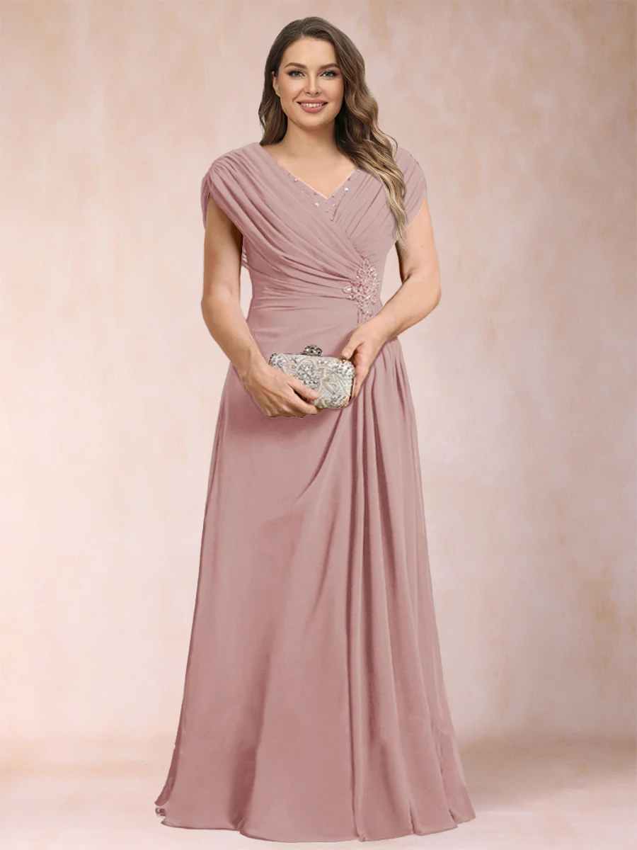 A-Line/Princess V-Neck Chiffon Ruched Plus Size Mother of the Bride Dresses with Appliques & Beading - Image 15
