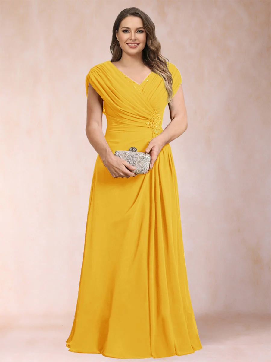 A-Line/Princess V-Neck Chiffon Ruched Plus Size Mother of the Bride Dresses with Appliques & Beading - Image 23