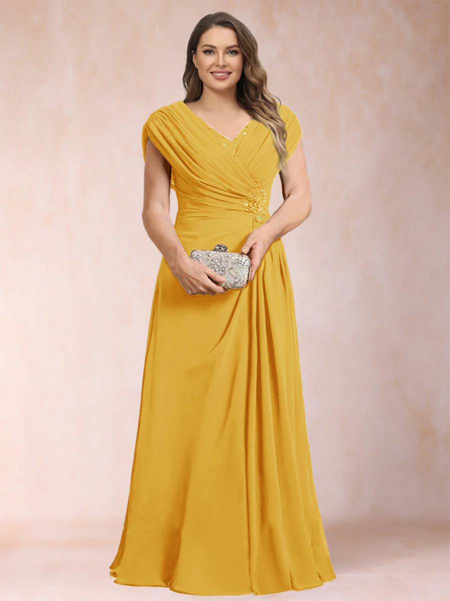 A-Line/Princess V-Neck Chiffon Ruched Plus Size Mother of the Bride Dresses with Appliques & Beading - Image 42