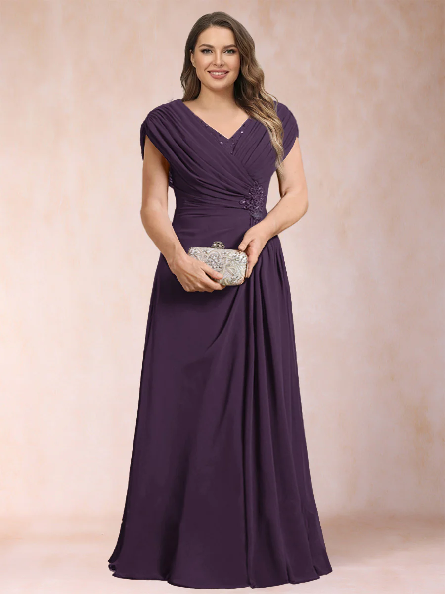 A-Line/Princess V-Neck Chiffon Ruched Plus Size Mother of the Bride Dresses with Appliques & Beading - Image 52